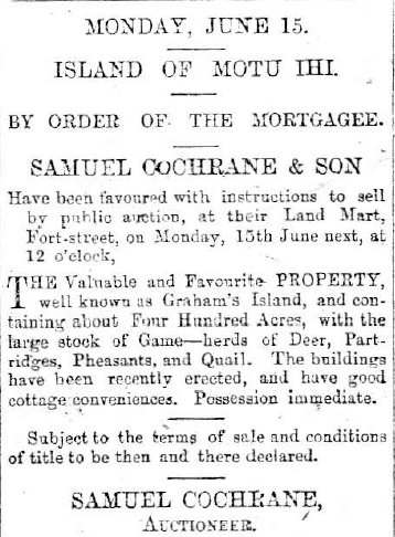 Auckland Free Press advertisement for sale of Motuihe (Graham's Island) in 1868