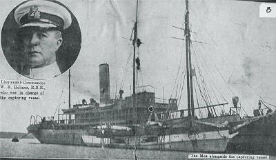 Cable ship Iris with the captured scow Moa tied alongside after recapturing von Luckner