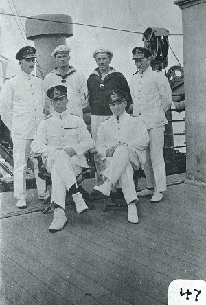 The captured crew of Cecilie on the ship sailing from Fiji to New Zealand