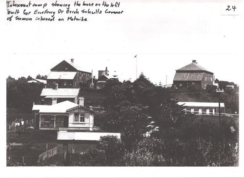 The Governor's cottage on Motuihe in 1917 with Camp Commandant's cottage and barracks building behind