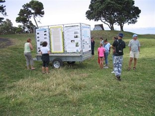 Interpretive information trailer used for early visitor displays on Motuihe