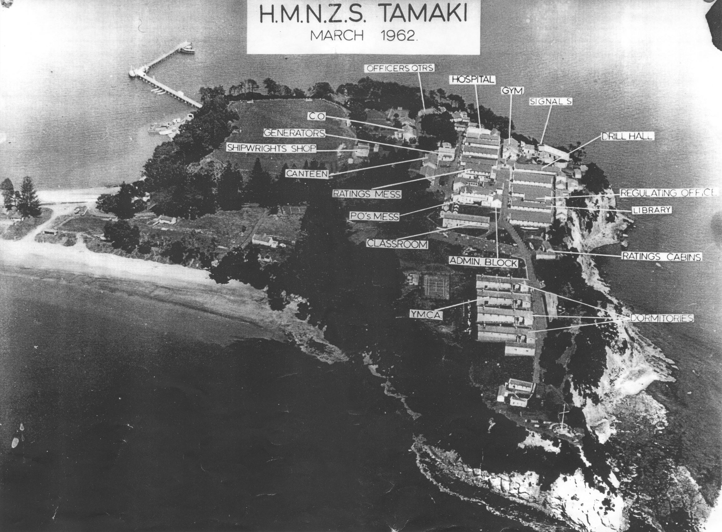 Aerial view of the Navy training base on Motuihe in 1962